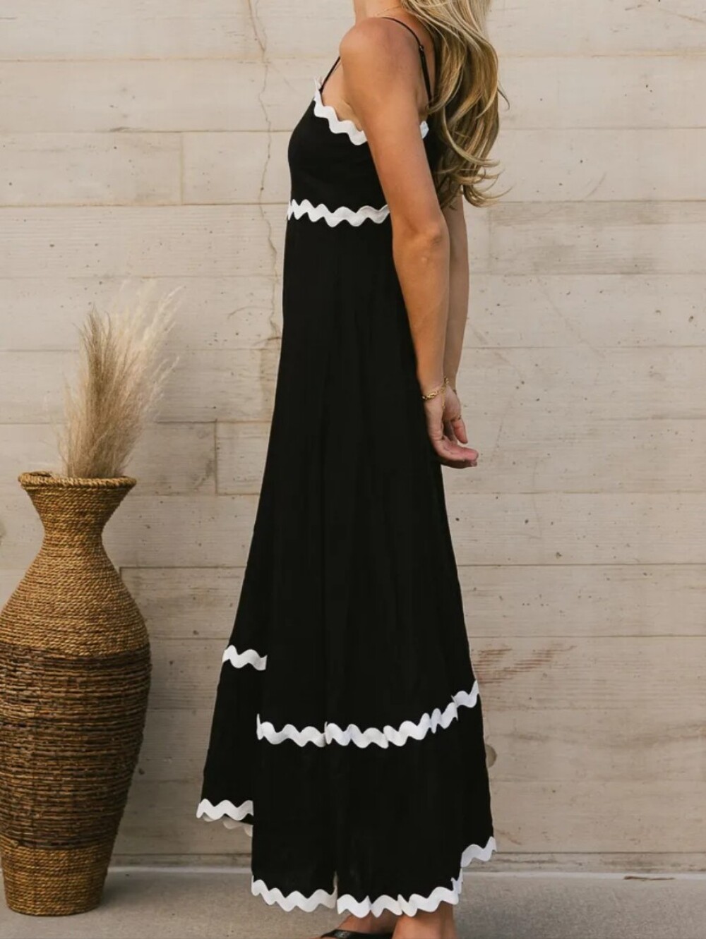 Petal & Pup Black Cotton Maxi Sun Dress with White Ric Rac Trim Spaghetti Straps - Picture 10 of 16